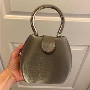 Metallic silver gray mesh clutch